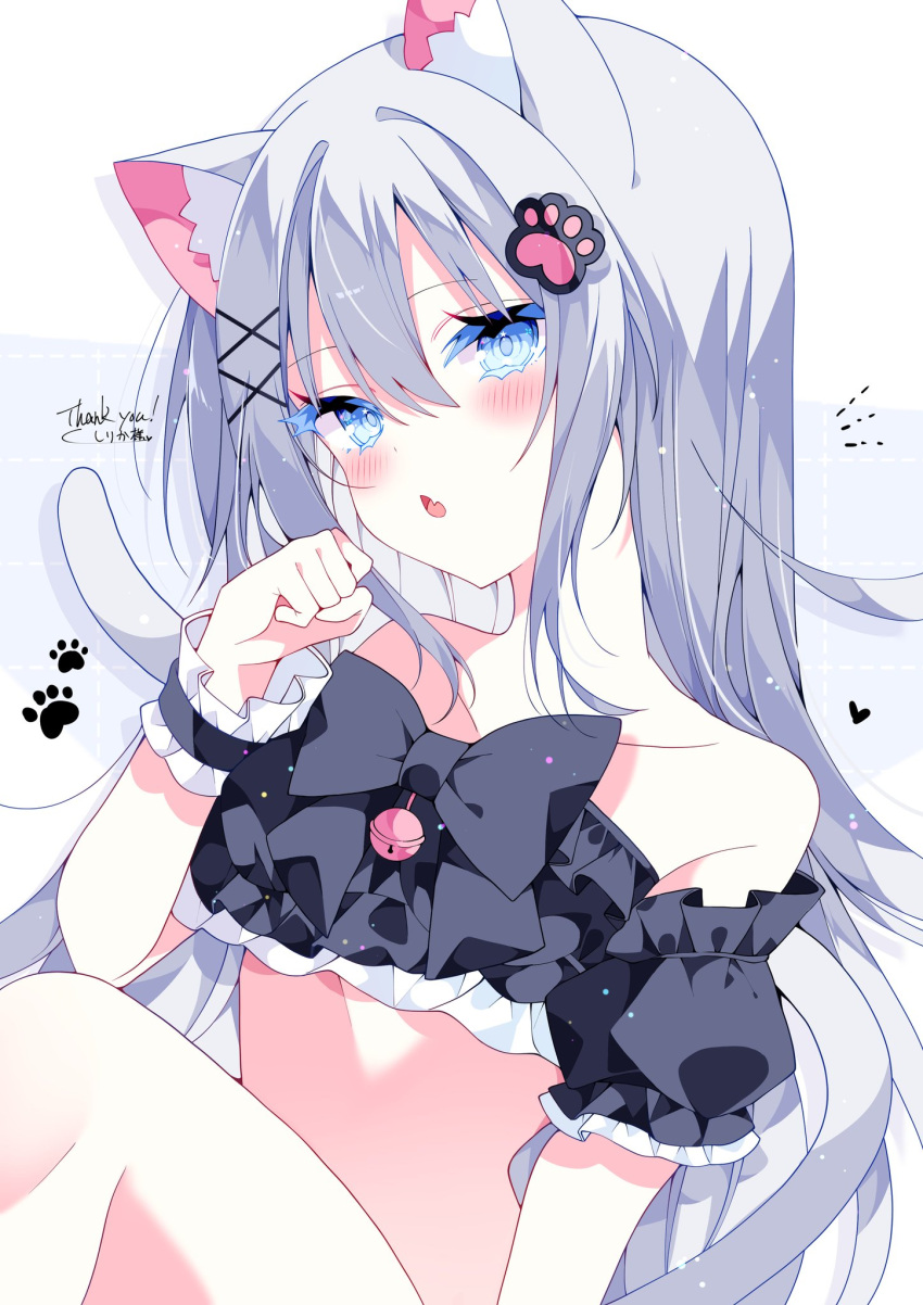 1girl :o animal_ears bell blue_eyes cat_ears cat_girl cat_tail commission fang grey_hair hair_ornament highres open_mouth original paw_hair_ornament skeb_commission skin_fang suisei_1121 tagme tail x_hair_ornament