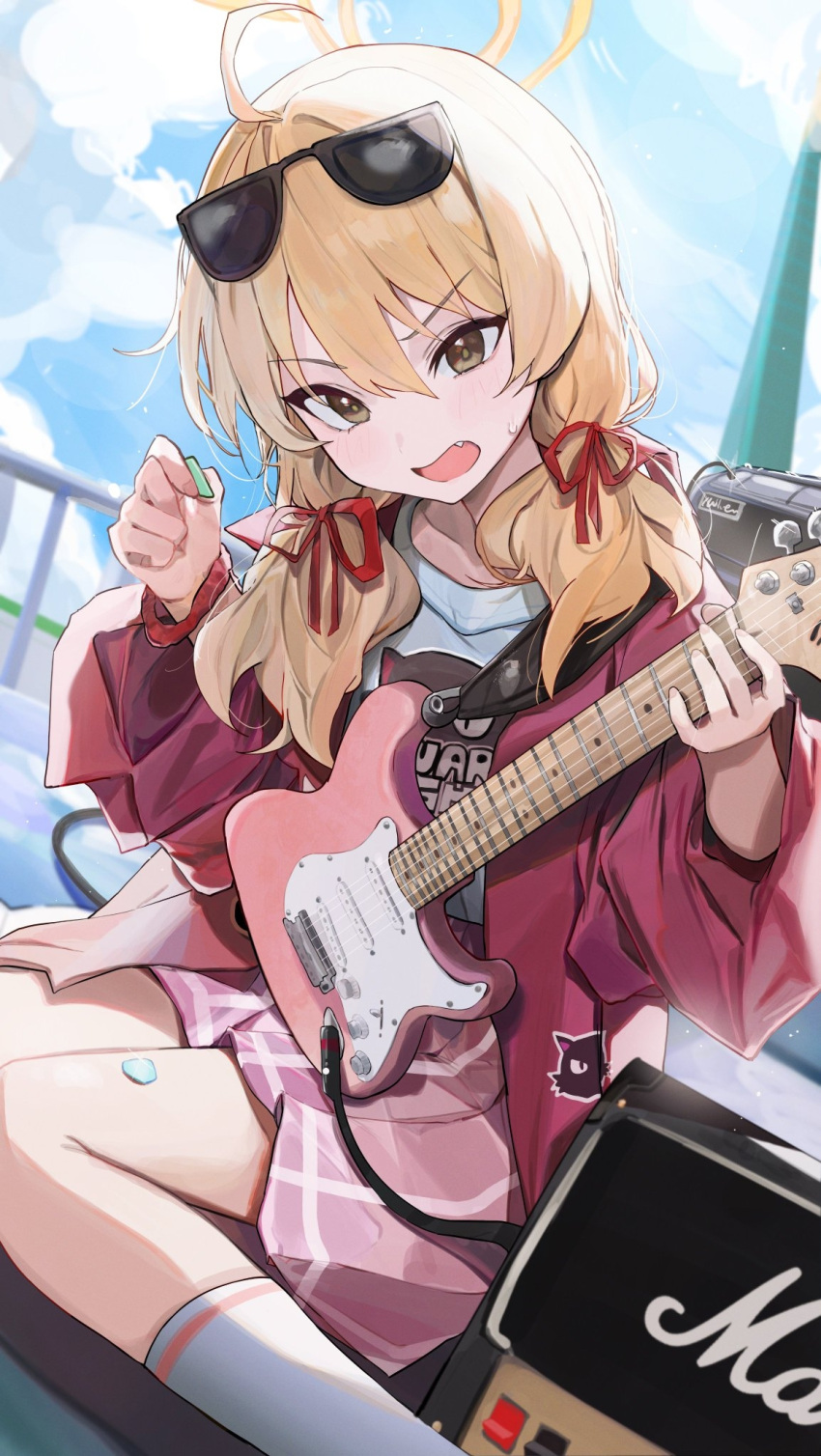 1girl ahoge amplifier blanc_(whit_blanc) blonde_hair blue_archive blush electric_guitar eyewear_on_head fang guitar hair_ribbon highres holding holding_instrument holding_plectrum instrument jacket looking_at_viewer official_alternate_costume pink_skirt plectrum red_jacket ribbon school_uniform sitting skirt socks solo sunglasses twintails wariza white_socks yoshimi_(blue_archive)
