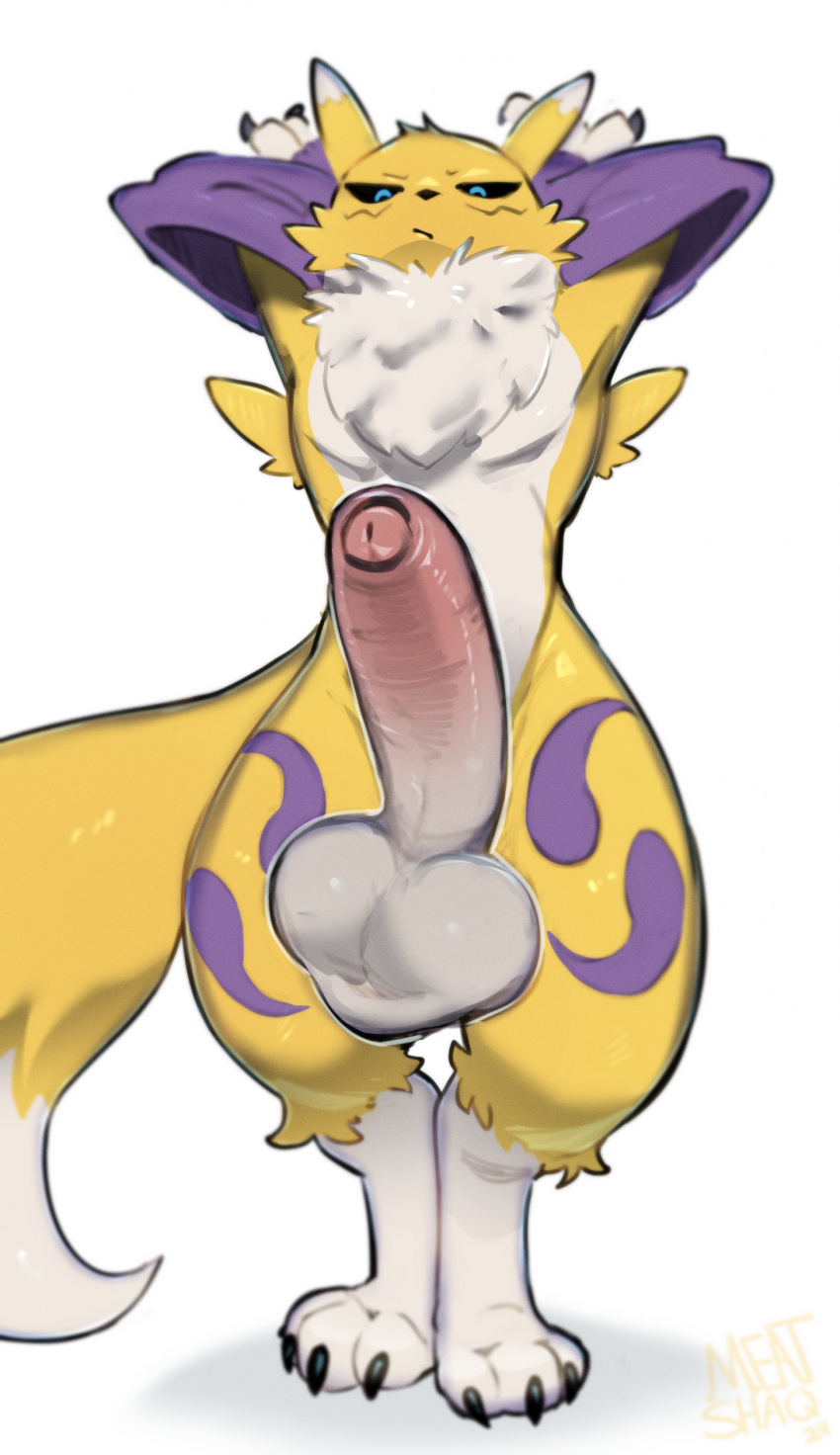 absurd_res anthro balls bandai_namco big_balls big_penis black_sclera blue_eyes canid canine digimon digimon_(species) erection foreskin fur genitals hi_res humanoid_genitalia humanoid_penis male mammal meatshaq nude penis renamon simple_background solo tail white_body white_fur yellow_body yellow_fur