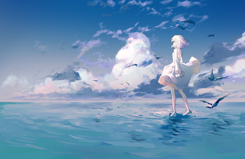 1girl back_cutout bare_legs barefoot bird black_eyes blue_sky clothes_lift clothing_cutout cloud day dress dress_lift from_behind full_body highres lobelia_(saclia) ocean original outdoors petticoat purple_hair seagull short_dress short_hair shoulder_blades sky solo standing standing_on_liquid water_world white_dress wind wind_lift