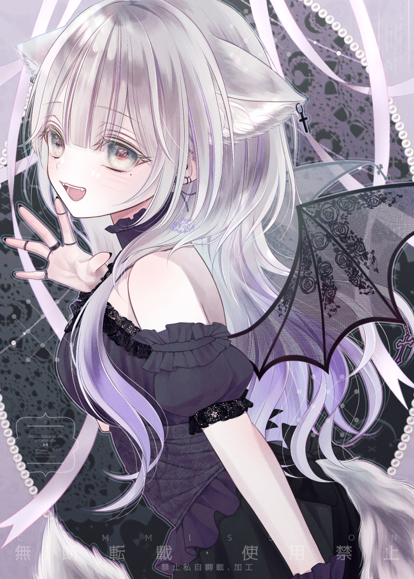 1girl animal_ear_piercing aqua_eyes ayane_(vtuber) black_skirt black_wings chiba_megumu commentary commission demon_wings doll_joints gradient_hair grey_hair grey_shirt highres indie_virtual_youtuber joints long_hair multicolored_hair open_mouth purple_hair shirt skeb_commission skirt smile solo symbol-only_commentary virtual_youtuber wings