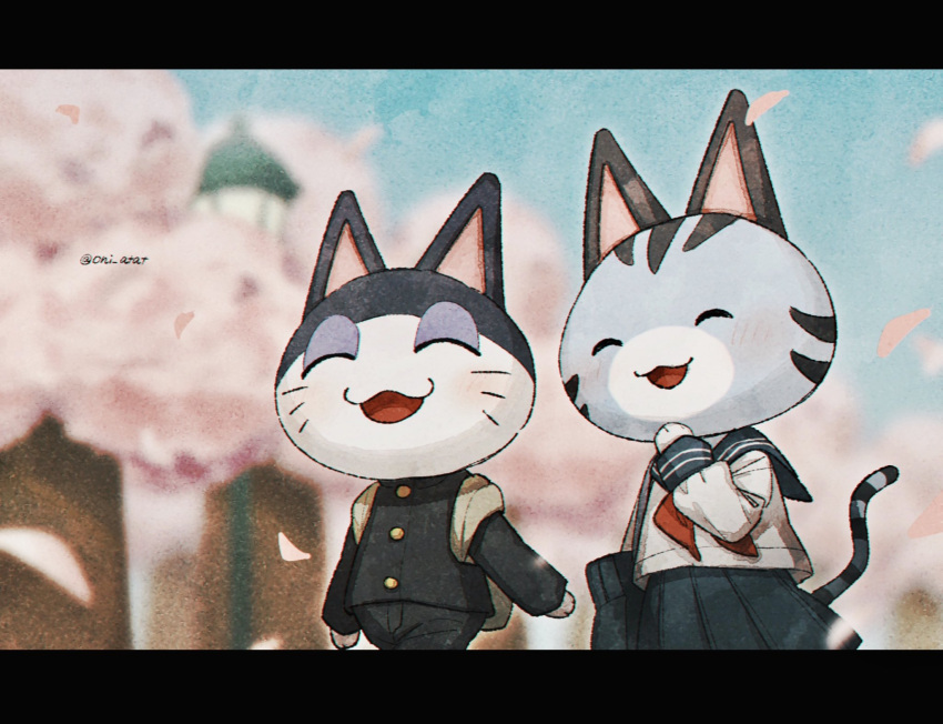 1boy 1girl :3 :d ^_^ animal_crossing artist_name backpack bag black_jacket black_pants blue_bag blue_sailor_collar blue_skirt blue_sky blurry blurry_background blush buttons cat_boy cat_girl cherry_blossoms closed_eyes commentary day falling_petals furry furry_female furry_male gakuran grey_bag hands_up highres jacket kaji_(oni_atat) lamppost laughing letterboxed lolly_(animal_crossing) long_sleeves neckerchief open_mouth outdoors pants petals pleated_skirt punchy_(animal_crossing) red_neckerchief sailor_collar school_bag school_uniform serafuku shirt shoulder_bag skirt sky sleeve_cuffs smile symbol-only_commentary tree twitter_username walking white_shirt