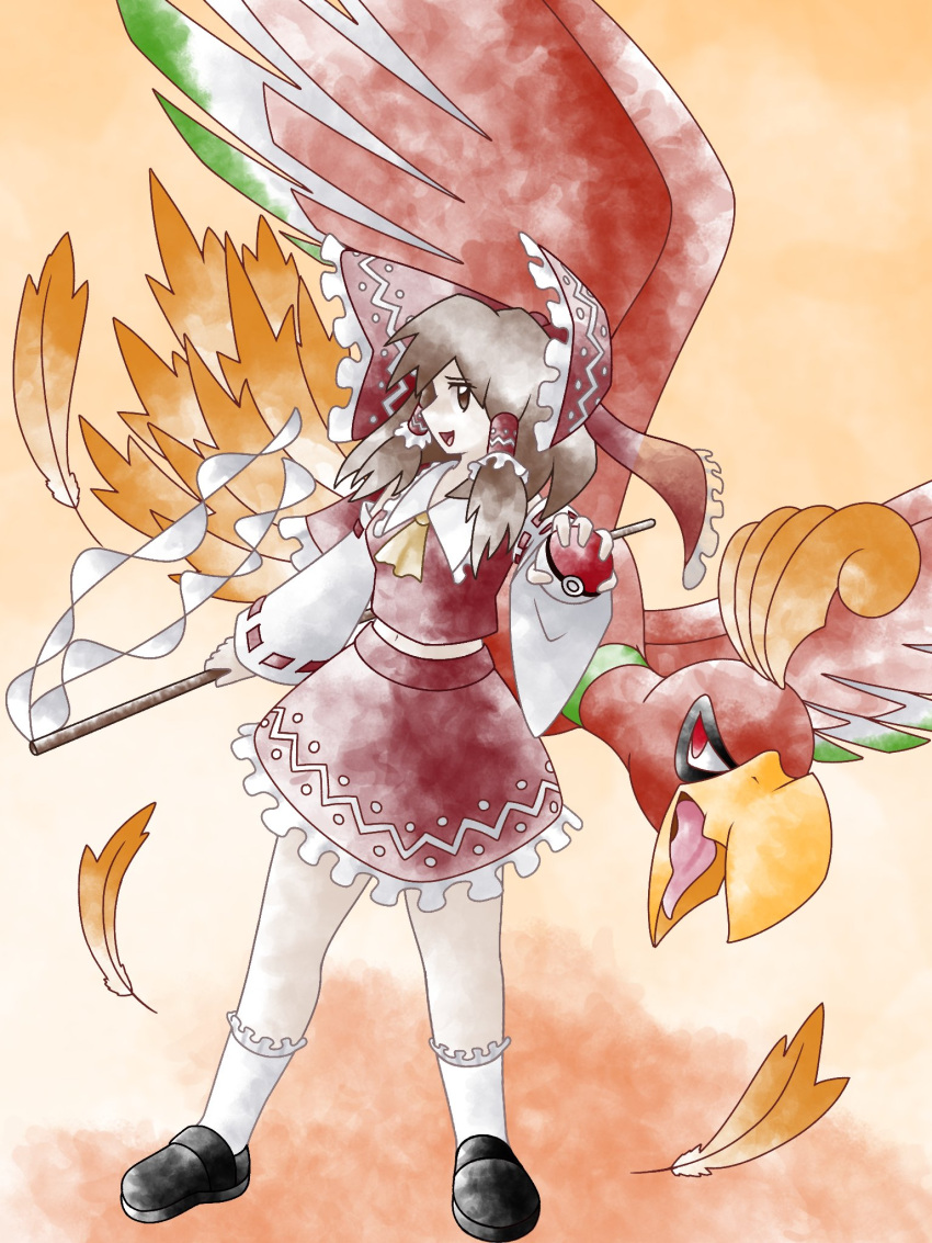 1girl bird brown_eyes brown_hair crossover detached_sleeves greatmothsucks hakurei_reimu highres ho-oh japanese_clothes long_sleeves medium_hair midriff_peek miko navel parody phoenix poke_ball pokemon red_eyes red_skirt retro_artstyle skirt style_parody touhou