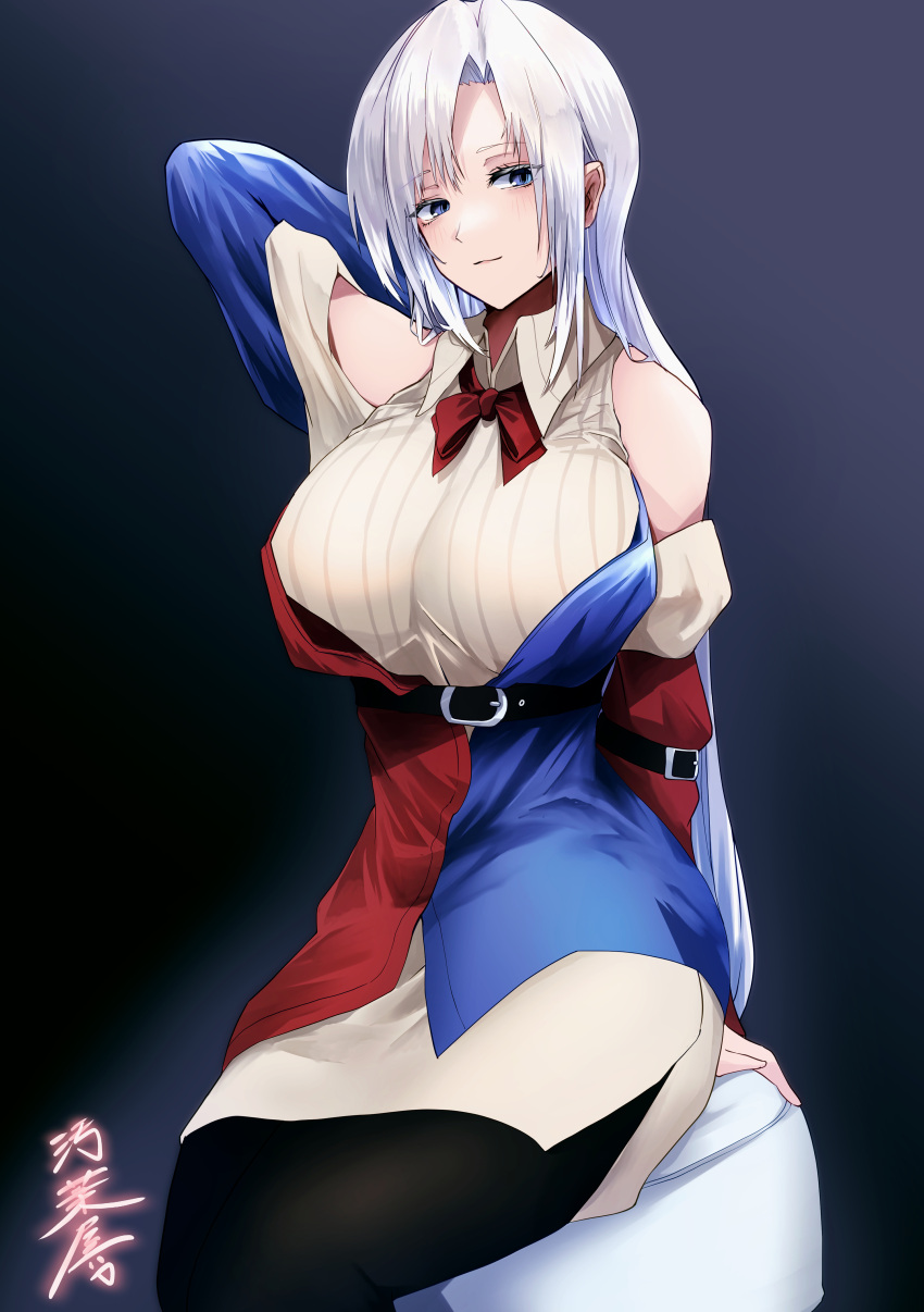 1girl absurdres adapted_costume belt black_belt black_pantyhose blue_dress blue_eyes blush breasts closed_mouth collared_shirt dress feet_out_of_frame grey_hair highres large_breasts long_hair looking_at_viewer pantyhose red_dress shirt signature sleeve_garter sleeveless sleeveless_shirt solo touhou two-tone_dress white_shirt yagokoro_eirin yagoro_kusuriya