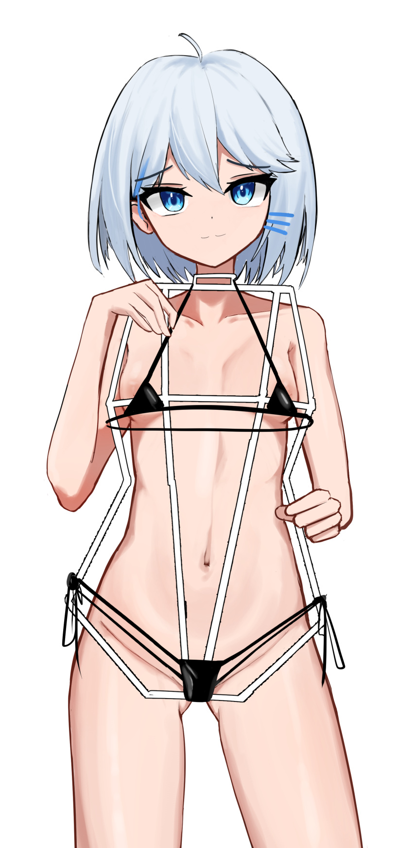 1girl :3 absurdres bikini black_bikini blue_eyes blue_hair breasts clothes_in_front cowboy_shot gosegu hair_between_eyes hair_ornament hairclip healthykim highres holding holding_clothes holding_clothes_hanger holding_swimsuit light_blue_hair looking_at_viewer micro_bikini navel nipples nude short_hair side-tie_bikini_bottom simple_background small_breasts smug solo stomach swimsuit swimsuit_hanger unworn_swimsuit virtual_youtuber waktaverse white_background