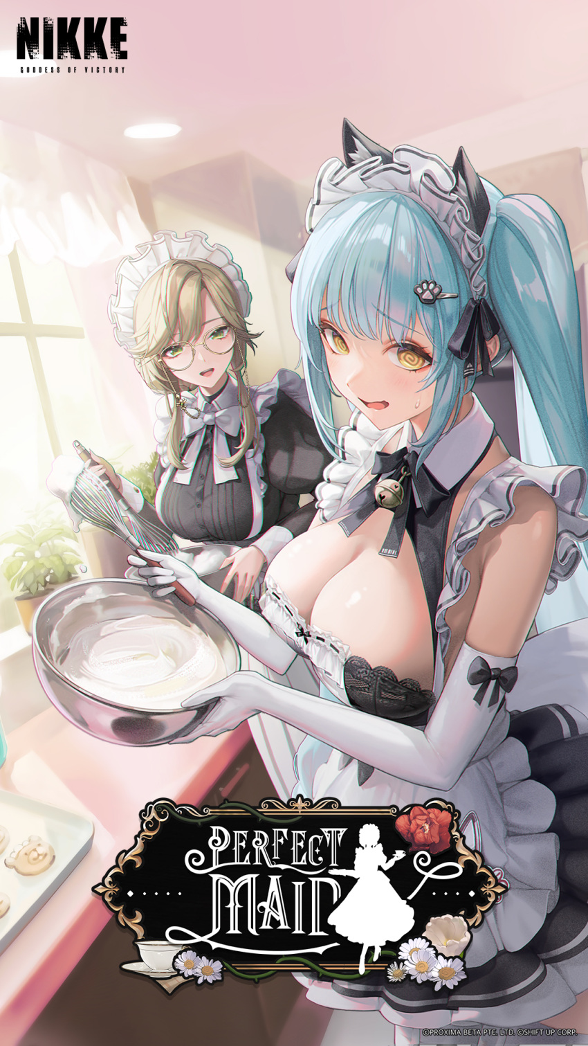2girls @_@ ade_(nikke) animal_ear_fluff animal_ears apron aqua_hair black_dress black_ribbon bowl cat_ears copyright_name curtains day dress elbow_gloves english_text frilled_apron frills glasses gloves goddess_of_victory:_nikke green_eyes hair_ornament hairclip highres holding holding_bowl holding_whisk indoors juliet_sleeves long_sleeves mixing_bowl multiple_girls official_art open_mouth parted_bangs privaty_(nikke) puffy_sleeves raised_eyebrows ribbon sunlight swept_bangs teeth twintails upper_teeth_only whisk white_apron white_gloves window yellow_eyes