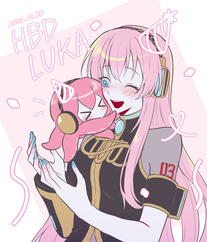 &gt;_&lt; 1girl animal animal_on_shoulder anniversary black_shirt blue_eyes blue_nails blush character_name crypton_future_media dated detached_sleeves drawn_headwear drawn_heart hair_between_eyes hat headphones highres hug long_hair megurine_luka mung_rkgk number_tattoo octopus one_eye_closed open_mouth party_hat pink_background pink_hair shirt shoulder_tattoo sidelocks single_detached_sleeve smile takoluka tattoo vocaloid white_background yellow_trim