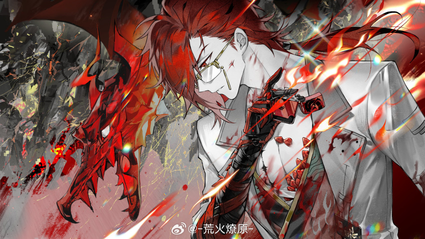 blood blood_on_clothes blood_on_face character_request chinese_commentary closed_mouth coattails collared_jacket colored_skin commentary_request dragon expressionless fire glasses highres holding holding_lighter huang_huo_liaoyuan injury jacket lighter long_hair long_sleeves looking_ahead low_ponytail male_focus open_clothes open_jacket pectoral_cleavage pectorals red_eyes red_hair scar scar_on_chest watermark weibo_logo weibo_username white_jacket white_skin white_sleeves wuthering_waves yellow-framed_eyewear