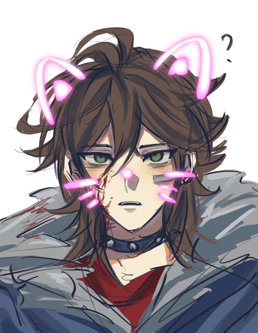 1boy ? ahoge bandaid bandaid_on_face black_collar blood blood_in_hair blood_on_clothes blood_on_face blue_jacket brown_hair chinese_commentary collar commentary_request drawn_ears drawn_nose drawn_whiskers fur-trimmed_jacket fur_trim green_eyes highres isoi_reiji jacket looking_at_viewer male_focus medium_hair open_mouth portrait red_shirt saibou_shinkyoku sanpaku shirt simple_background sketch solo spiked_collar spikes white_background yu_ta