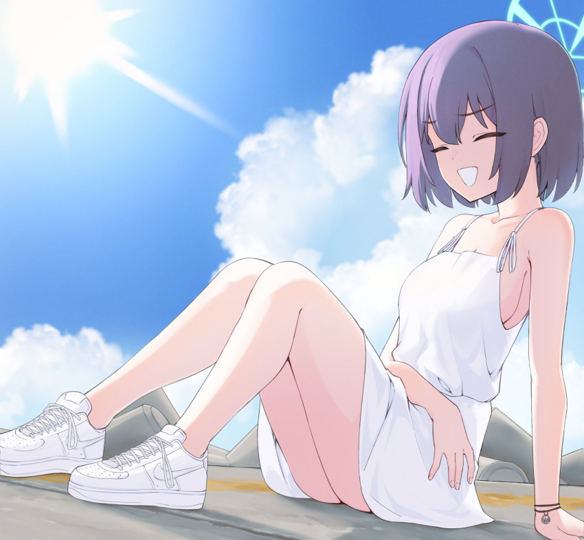 1girl alternate_costume black_hair blue_archive blue_sky bracelet breasts closed_eyes cloud dress full_body highres jewelry nike open_mouth outdoors projectorzero saki_(blue_archive) short_hair sideboob sitting sky sleeveless sleeveless_dress smile solo spaghetti_strap sun sundress white_dress