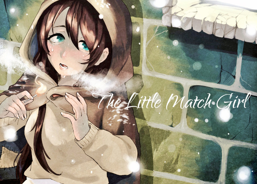 blue_eyes blush breath brick_wall brown_hair cloak commentary_request copyright_name eyelashes fingernails fire flame highres little_match_girl long_hair looking_up matches matchstick norota open_mouth patch snowing solo sweater tears upper_body very_long_hair windowsill