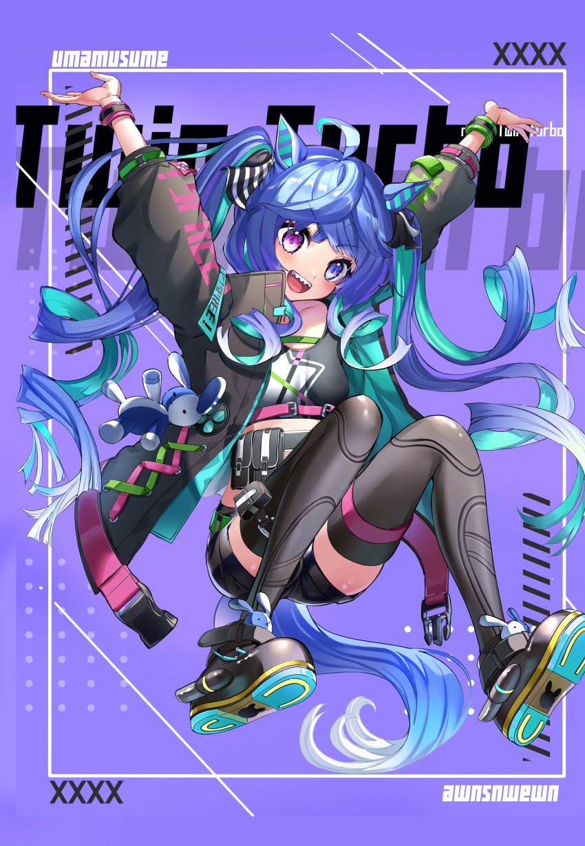 1girl absurdres ahoge alternate_costume animal_ears aqua_hair arms_up belt black_footwear black_jacket black_shorts black_thighhighs blue_eyes blue_hair bow buckle character_name clothes_writing commentary copyright_name crop_top cross-laced_clothes crossed_bangs floating full_body hair_bow head_tilt heterochromia highres horse_ears horse_girl horse_tail jacket knees_up long_hair long_sleeves multicolored_hair open_clothes open_hands open_jacket open_mouth piyokuma purple_background purple_eyes sharp_teeth shorts sidelocks solo strap striped_bow stuffed_animal stuffed_rabbit stuffed_toy tail teeth thigh_pouch thigh_strap thighhighs twin_turbo_(umamusume) twintails two-tone_hair umamusume upper_teeth_only utility_belt wristband