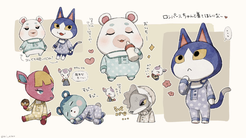 ... 2boys 4girls :&lt; :3 :o animal_crossing animal_ear_piercing aqua_eyes aqua_shirt artist_name baby_bottle bear_girl bib black_eyes blonde_hair blue_hair bluebear_(animal_crossing) blush blush_stickers bonnet bottle bright_pupils brown_background buttons cat_boy closed_eyes closed_mouth commentary deer_girl diana_(animal_crossing) doughnut ear_piercing eyelashes fang_(animal_crossing) flower_(symbol) flurry_(animal_crossing) food fuchsia_(animal_crossing) furry furry_female furry_male hamster_girl hand_up heart highres holding holding_bottle holding_food kaji_(oni_atat) long_sleeves looking_at_another looking_at_viewer looking_to_the_side lying multiple_boys multiple_girls multiple_views on_side onesie open_mouth piercing polka_dot polka_dot_shirt purple_shirt shirt simple_background sitting sleeping smile sparkle speech_bubble spoken_ellipsis symbol-only_commentary tom_(animal_crossing) translation_request triangle_mouth twitter_username u_u white_background white_pupils wolf_boy yellow_eyes