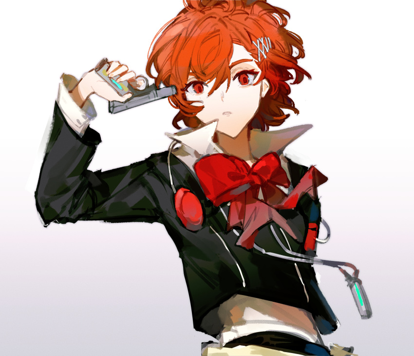 1girl absurdres arm_up black_jacket bow bowtie collared_shirt evoker gradient_background gun gun_to_head hair_ornament handgun headphones highres hikawayunn jacket long_sleeves looking_at_viewer orange_hair parted_lips persona persona_3 persona_3_portable popped_collar red_bow red_bowtie red_eyes shiomi_kotone shirt short_hair solo upper_body weapon white_shirt x_hair_ornament