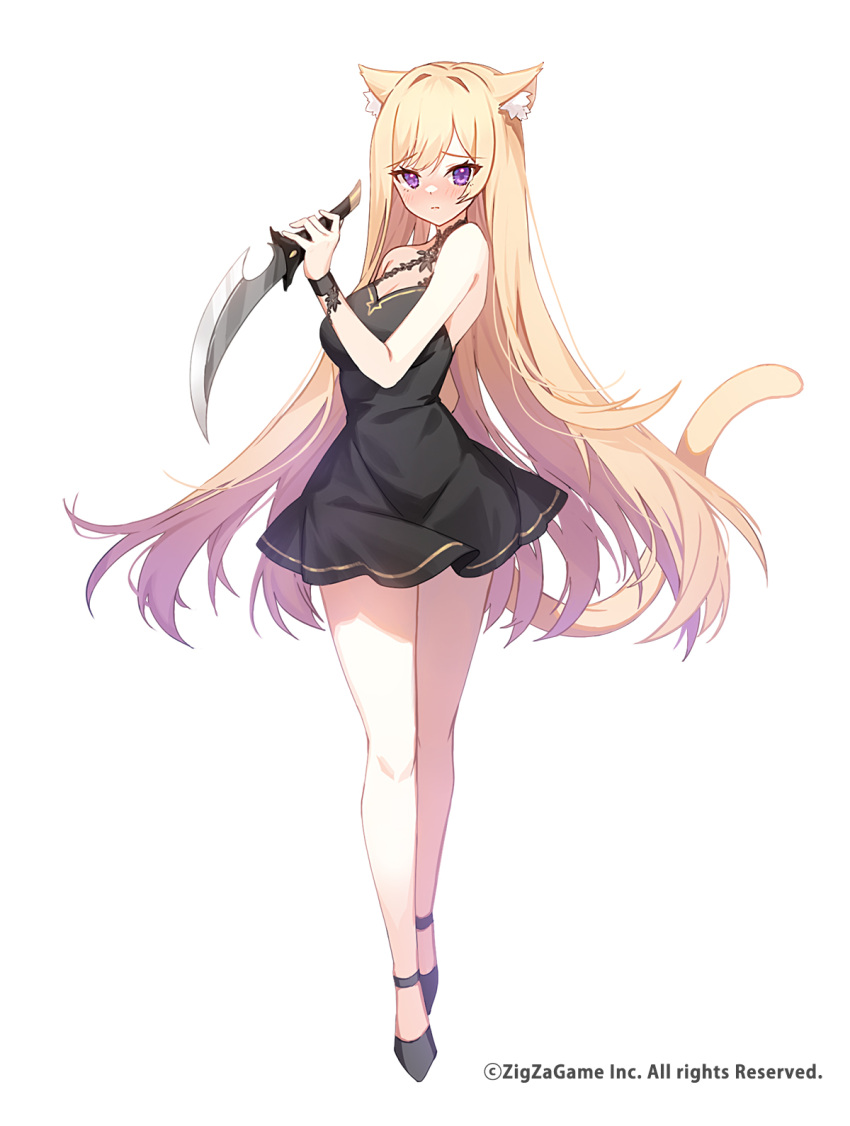 1girl animal_ear_fluff animal_ears apple_caramel bare_shoulders black_dress blonde_hair blush breasts cat_ears cat_tail character_request cleavage commentary_request copyright_name crossed_legs dress embarrassed full_body gradient_hair high_heels highres holding holding_knife knife long_hair looking_at_viewer luna_(neomonsters) medium_breasts multicolored_hair neomonsters nose_blush official_art pink_hair purple_eyes short_dress simple_background sleeveless sleeveless_dress solo tail very_long_hair watson_cross wavy_hair white_background wind