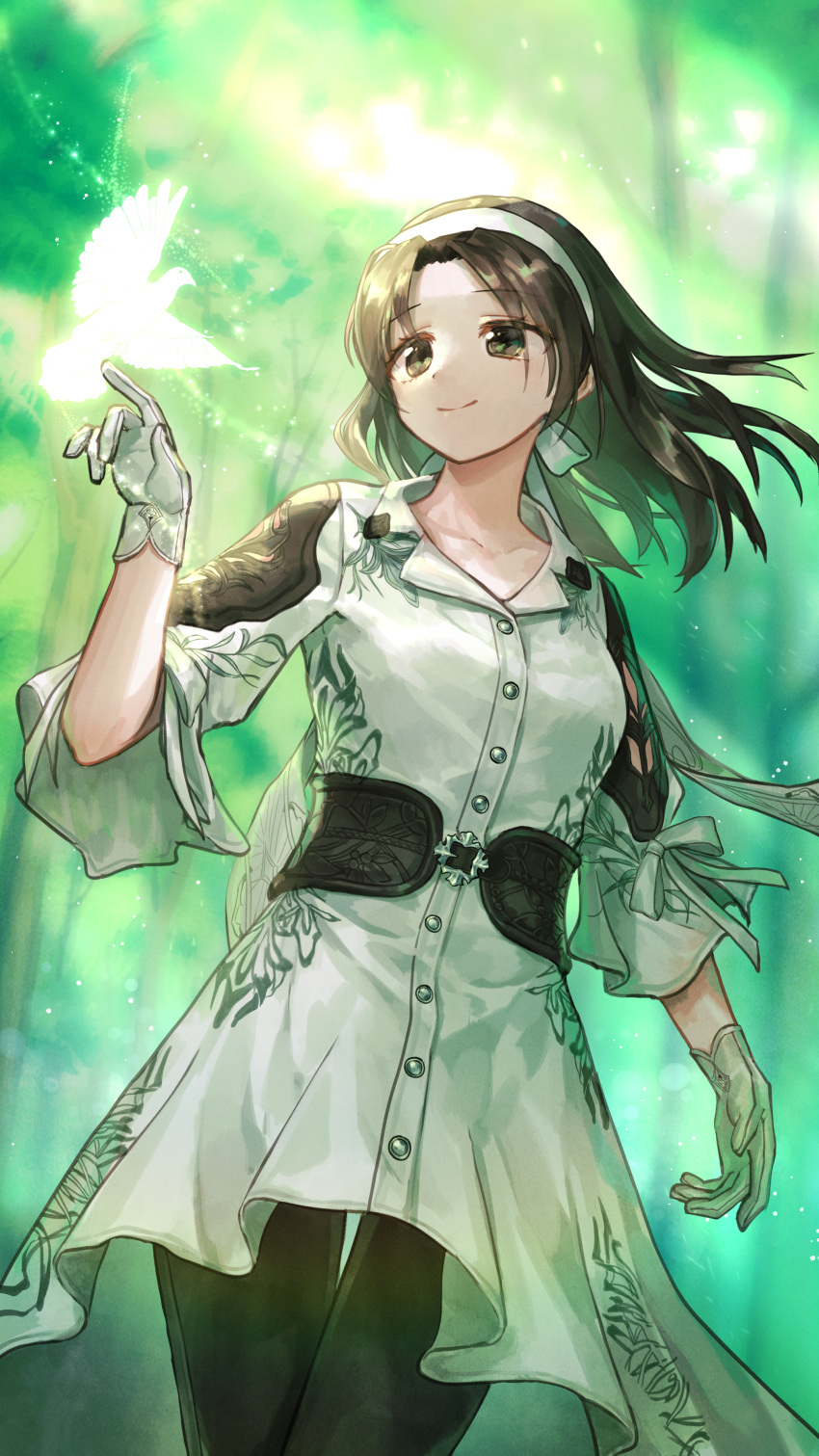 1girl absurdres bird black_eyes black_hair black_pantyhose closed_mouth cowboy_shot dress forest gloves headband highres kazama_jun long_sleeves lune_teinte nature outdoors pantyhose short_hair smile solo sunlight tekken tekken_8 tree white_dress white_gloves