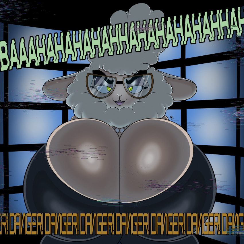absurd_res anthro big_breasts bovid breasts caprine cleavage clothed clothing dawn_bellwether disney english_text exclamation_point eyebrows eyewear female fur glasses half-closed_eyes hi_res huge_breasts looking_at_viewer mammal mrxrickyx narrowed_eyes open_mouth sheep shirt solo text thick_eyebrows topwear white_body white_fur white_wool wool_(fur) yellow_eyes zootopia