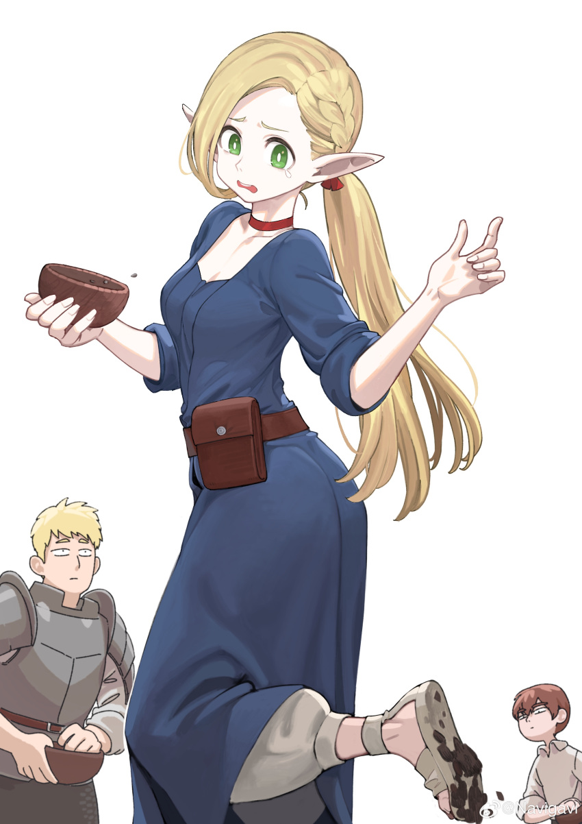 1girl 2boys absurdres armor blonde_hair blue_robe bowl brown_hair chilchuck_tims closed_mouth collared_shirt green_eyes highres holding holding_bowl jun_(navigavi) laios_thorden long_hair long_sleeves looking_at_another marcille_donato multiple_boys open_mouth ponytail robe shirt shoulder_armor simple_background white_background white_shirt