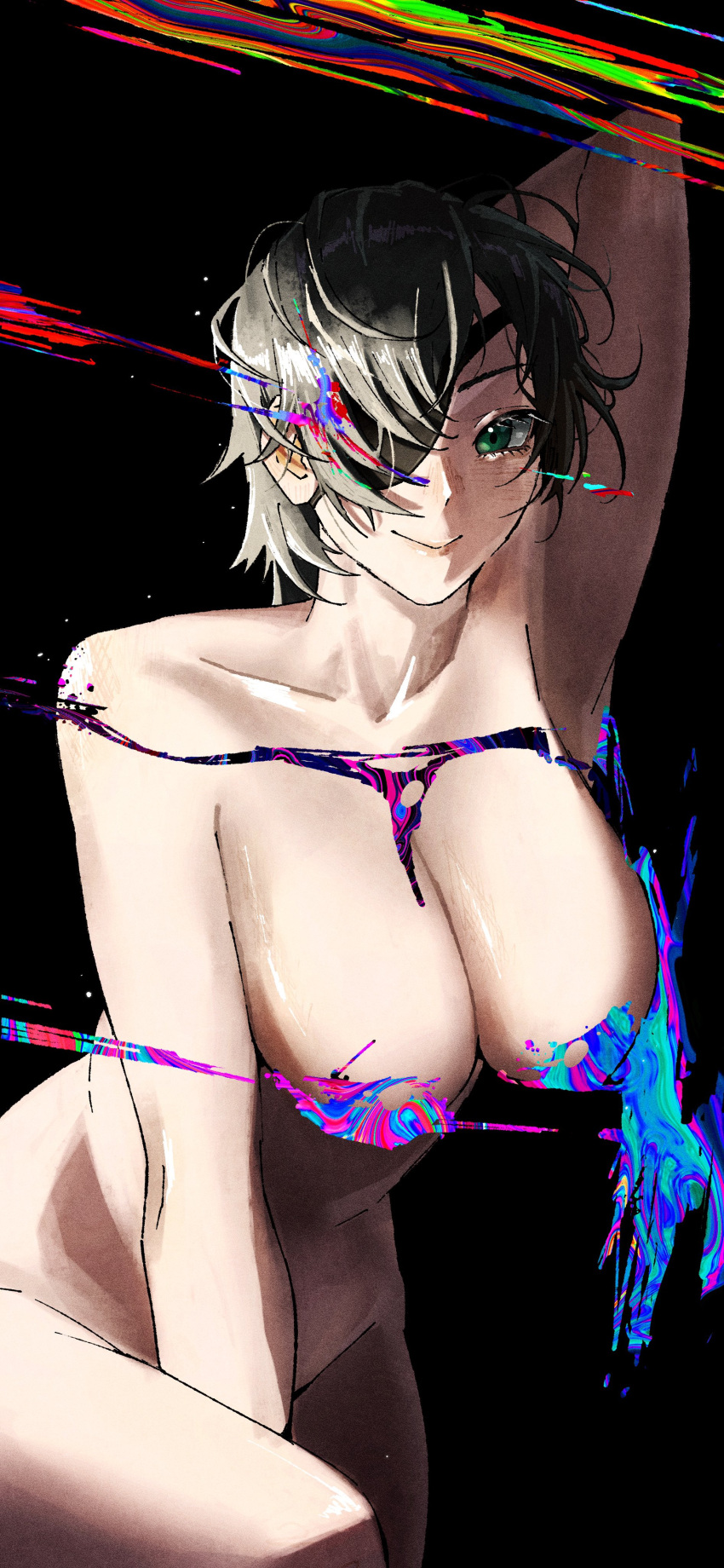 1girl absurdres arm_behind_head arm_between_legs arm_up armpits black_background black_hair breasts censored chainsaw_man cleavage closed_mouth completely_nude erupusai2 eyelashes eyepatch green_eyes groin hanging_breasts highres himeno_(chainsaw_man) huge_breasts knees_up leaning_forward looking_at_viewer novelty_censor nude one_eye_covered shadow short_hair sidelighting smile solo swept_bangs unkempt
