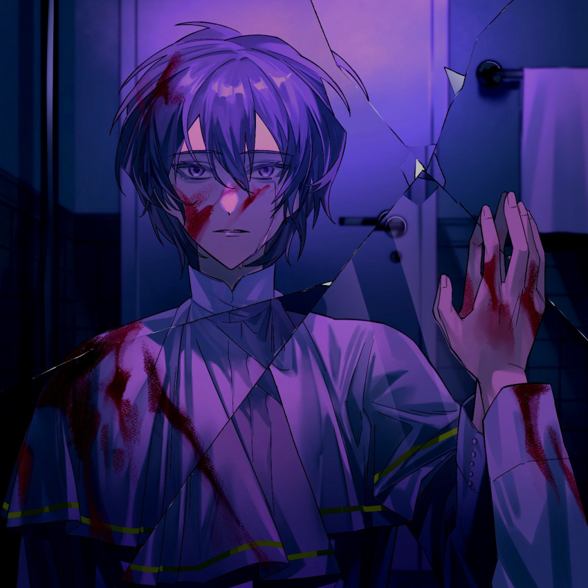 1boy bathroom blood blood_in_hair blood_on_face blood_on_hands blue_eyes blue_hair capelet crying crying_with_eyes_open hand_on_mirror highres indoors long_sleeves male_focus parted_lips reflection saibou_shinkyoku shirt tears utsugi_noriyuki white_capelet white_shirt yuxia