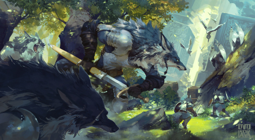 5boys animal_ear_fluff animal_ears armor artist_name battle belt blue_eyes blue_fur body_fur braid breastplate commentary dappled_sunlight day dutch_angle fangs fantasy flying forest furry furry_male gauntlets grass green_eyes highres holding holding_shield holding_sword holding_weapon knee_pads light_rays male_focus mixed-language_commentary multiple_boys murayama_ryouta nature open_mouth original outdoors pauldrons rock scar scar_across_eye scenery sheath shield shoulder_armor side_braid single_braid sunlight sword tail tree unsheathing weapon wolf_boy wolf_ears wolf_tail