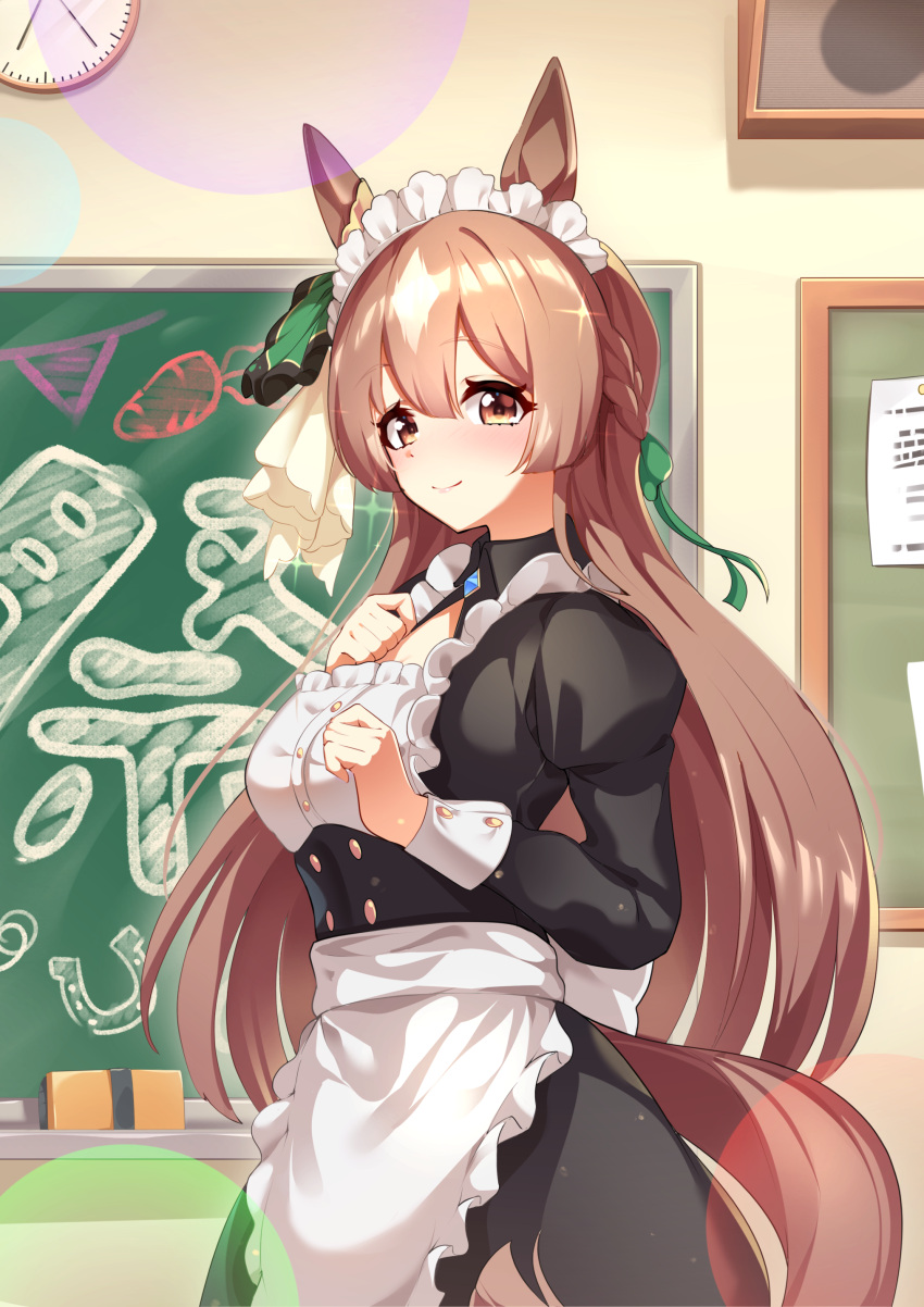 1girl absurdres alternate_costume animal_ears apron breasts brown_eyes brown_hair chalkboard clock closed_mouth commentary_request enmaided hair_between_eyes hair_ornament highres horse_ears horse_tail long_hair looking_at_viewer maid maid_apron maid_headdress medium_breasts satono_diamond_(umamusume) smile solo sunny_(20597521) tail umamusume