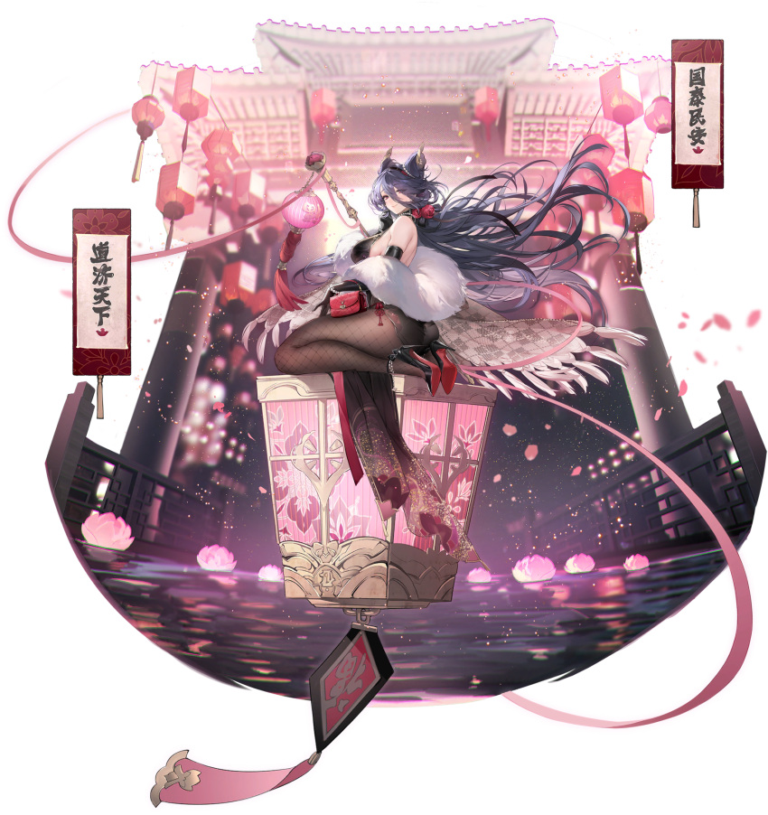 1girl ass azur_lane bag black_footwear black_gloves black_hair bracelet breasts chi_an_(azur_lane) chi_an_(lanternlit_stroll)_(azur_lane) cone_hair_bun double_bun elbow_gloves fishnet_pantyhose fishnets floating_hair flower fur_collar gloves hair_between_eyes hair_bun hair_flower hair_ornament handbag high_heels highres jewelry lantern large_breasts long_hair looking_at_viewer namyo official_art pantyhose paper_lantern purple_eyes red_flower red_rose rose seiza sideboob sitting solo thighs very_long_hair