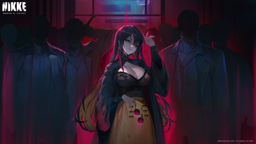 1girl 6+boys absurdres artist_request black_hair blonde_hair breasts cleavage cleavage_cutout clothing_cutout colored_inner_hair cropped dress faceless faceless_male goddess_of_victory:_nikke highres holding holding_removed_eyewear large_breasts long_hair long_sleeves looking_at_viewer moran_(nikke) multicolored_hair multiple_boys official_art parted_lips red_eyes round_eyewear second-party_source solo_focus standing sunglasses unworn_eyewear watermark