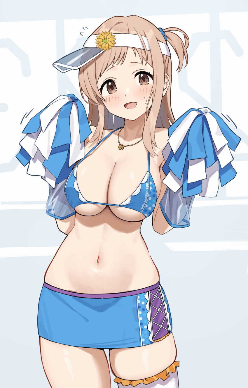 1girl absurdres bikini bikini_top_only blue_bikini blue_skirt breasts brown_eyes brown_hair cleavage commentary_request cowboy_shot flying_sweatdrops hands_up highres holding holding_pom_poms idolmaster idolmaster_shiny_colors jewelry large_breasts looking_at_viewer medium_hair miniskirt navel necklace open_mouth pom_pom_(cheerleading) sakuragi_mano single_thighhigh skirt smile solo stomach sweat swimsuit thighhighs visor_cap wanimaru