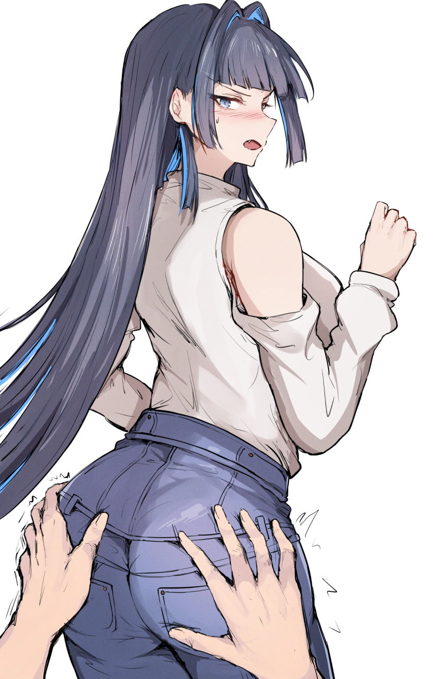 1girl ass ass_grab black_hair blue_eyes blue_hair blue_pants blush breasts clothing_cutout colored_inner_hair fang grabbing_another's_ass groping hair_intakes highres hololive hololive_english large_breasts looking_at_viewer multicolored_hair official_alternate_costume official_alternate_hair_length official_alternate_hairstyle open_mouth ouro_kronii ouro_kronii_(casual) pants sak1_01 shirt shoulder_cutout smile virtual_youtuber white_background white_shirt