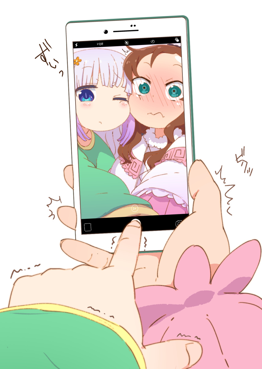 2girls :&lt; blue_eyes blush brown_hair cheek-to-cheek child closed_mouth cosplay costume_switch dress embarrassed flower green_eyes green_shirt hair_flower hair_ornament heads_together highres holding holding_phone kanna_kamui kobayashi-san_chi_no_maidragon long_hair medium_hair multiple_girls one_eye_closed phone pink_dress pink_hair saikawa_riko samansa_ex selfie shirt simple_background wavy_mouth white_background wide-eyed