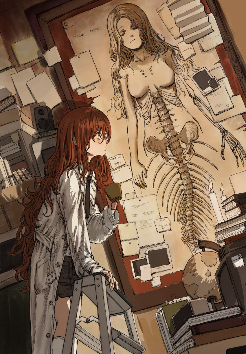 1girl absurdres anatomy black_necktie book closed_eyes cup drawing_(object) globe gold_can highres holding holding_cup lab_coat ladder long_hair mermaid monster_girl necktie note on_ladder orange_hair original skeleton solo