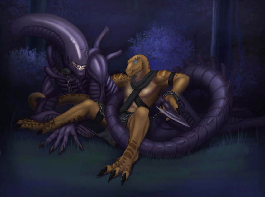 alien alien_(franchise) allaros anthro claws clothed clothing collar cuddling duo enjoying eye_contact eyeless feet fingernails glowing glowing_eyes greentapok hi_res humanoid ismar leash lizard long_tail lying male monster muscular muscular_male nails nightcrauzer outside pet relaxing reptile scalie sharp_nails sharp_teeth size_difference smile snakehead404 teeth toe_claws xenomorph