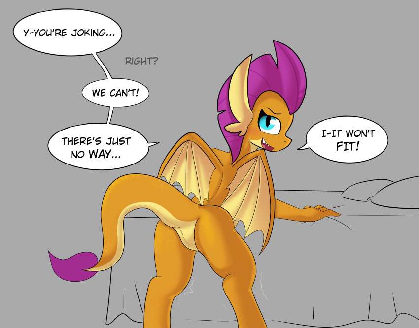 2024 absurd_res animal_genitalia anthro anus bed bent_over dialogue dragon english_text female friendship_is_magic furniture genitals grey_background hasbro hi_res horn looking_at_viewer looking_back looking_back_at_viewer my_little_pony orange_body pussy shaking simple_background smolder_(mlp) solo speech_bubble talking_to_viewer teal_eyes text tjpones trembling wings