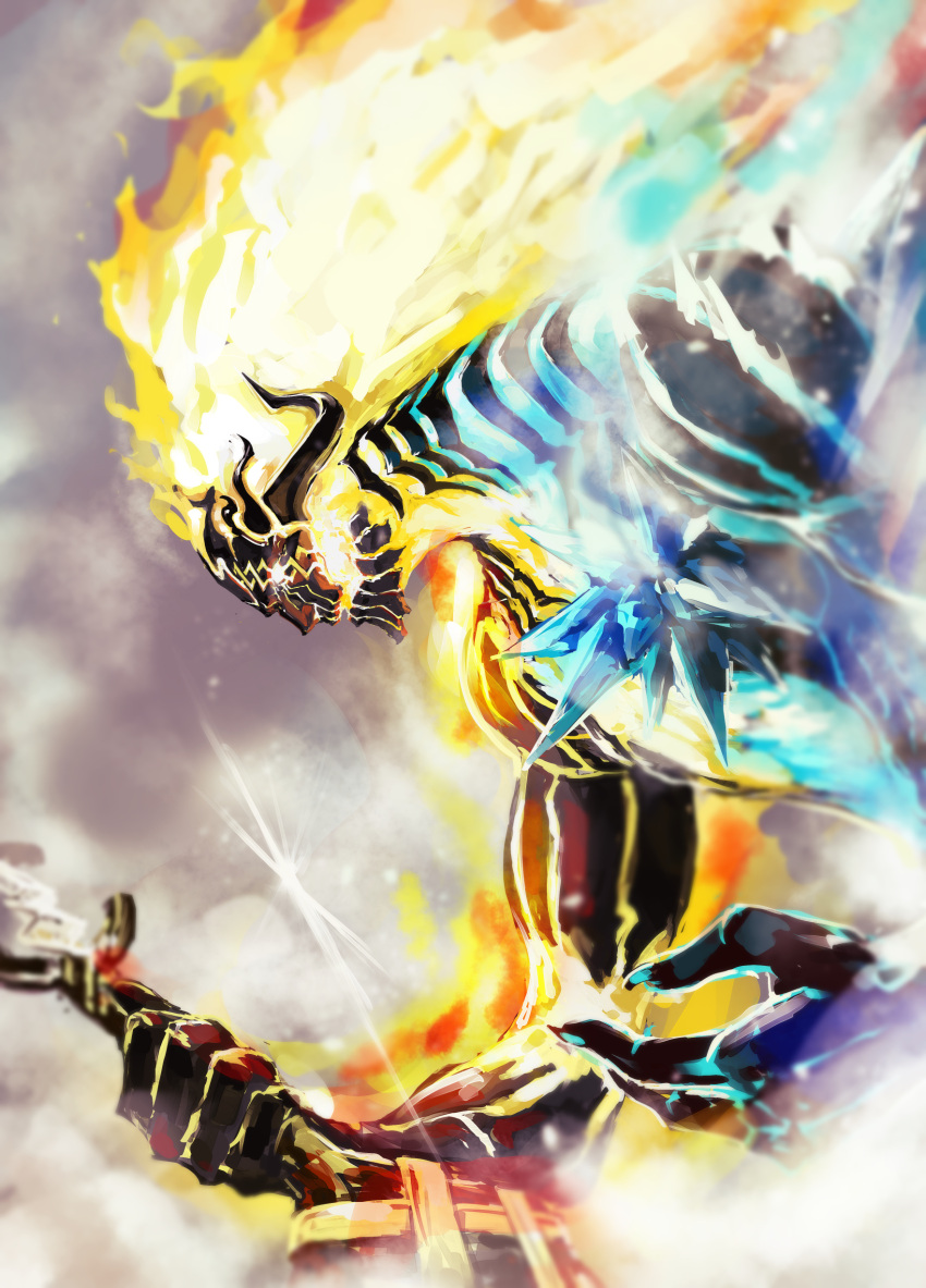 152_in_can absurdres burning fate/grand_order fate_(series) fire giant glowing glowing_eyes highres holding holding_sword holding_weapon horns ice_crystal profile surtr_(fate) sword weapon