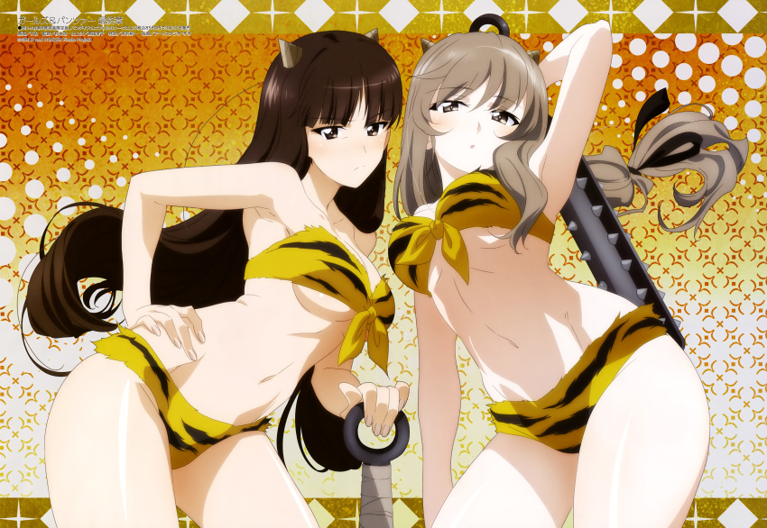 2girls absurdres animal_print arm_up breasts brown_hair club_(weapon) girls_und_panzer hand_on_own_hip highres horns kanabou long_hair looking_at_viewer magazine_scan medium_breasts megami_magazine multiple_girls navel nishizumi_shiho official_art scan shimada_chiyo thighs tiger_print underboob weapon