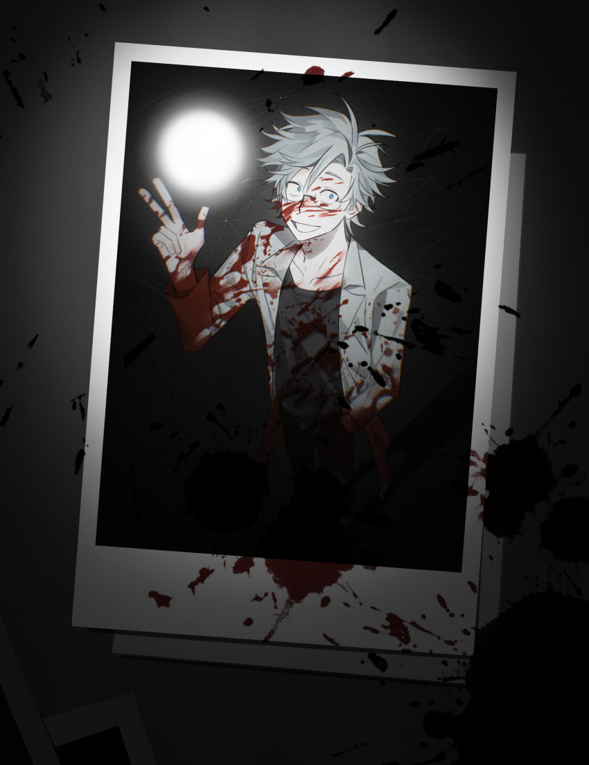 1boy black_pants black_shirt blood blood_on_clothes blood_on_face blood_on_hands blue_eyes chinese_commentary collarbone commentary_request grin hand_up highres kanou_aogu kaxiuyuan lab_coat long_sleeves open_clothes other_focus pants polaroid saibou_shinkyoku shirt short_hair smile solo white_hair