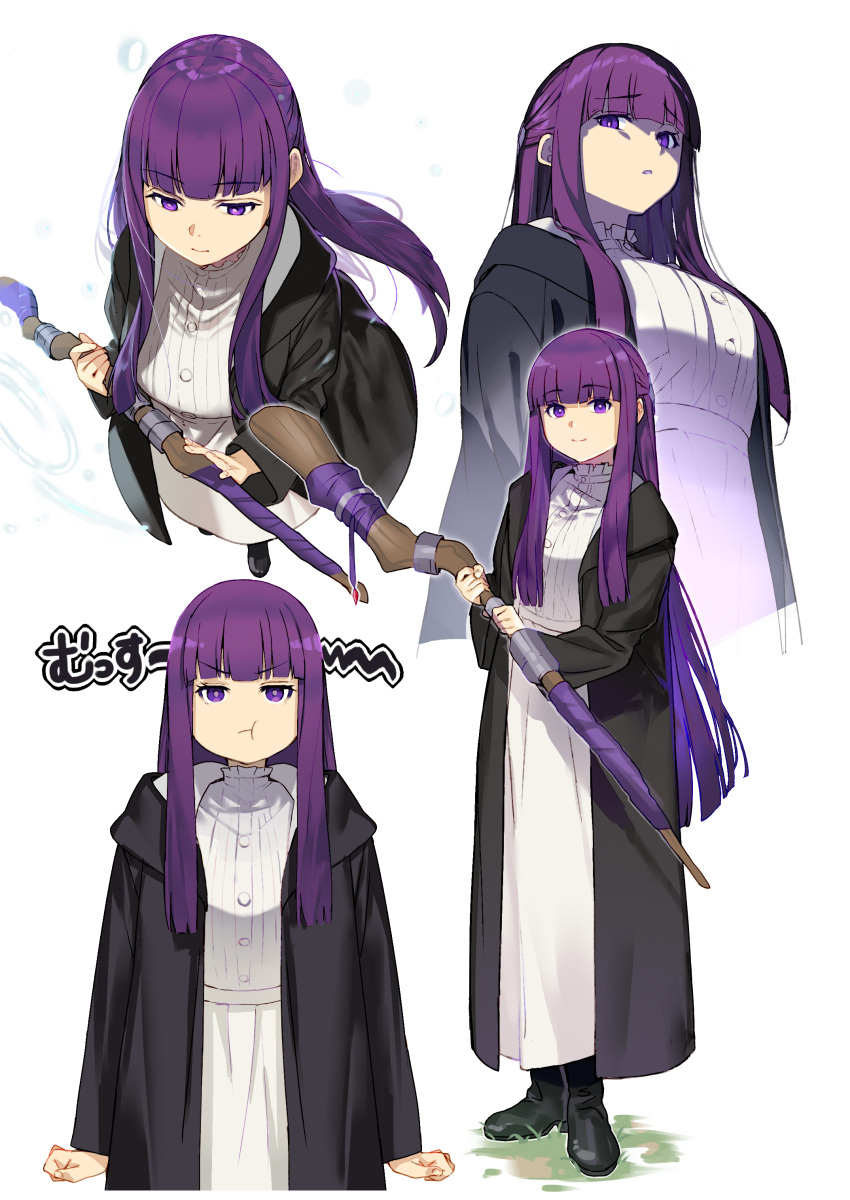 1girl absurdres blunt_bangs breasts disgust dress expressions fern_(sousou_no_frieren) glaring grimace happy highres light_smile long_hair long_sleeves looking_at_viewer multiple_views pout purple_eyes purple_hair shaded_face sidelocks simple_background sousou_no_frieren tsukudani_(ore624) white_background white_dress