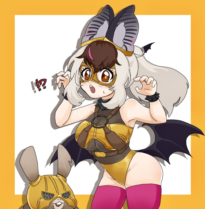 1girl animal animal_ears bat_(animal) bat_ears bat_girl bat_wings brown_eyes brown_hair brown_long-eared_bat_(kemono_friends) dragon_quest extra_ears grey_hair highres kemono_friends kemono_friends_v_project leotard long_hair looking_at_viewer mask parody poporu_(kemono_friends) simple_background thighhighs tomatokomainu virtual_youtuber wings