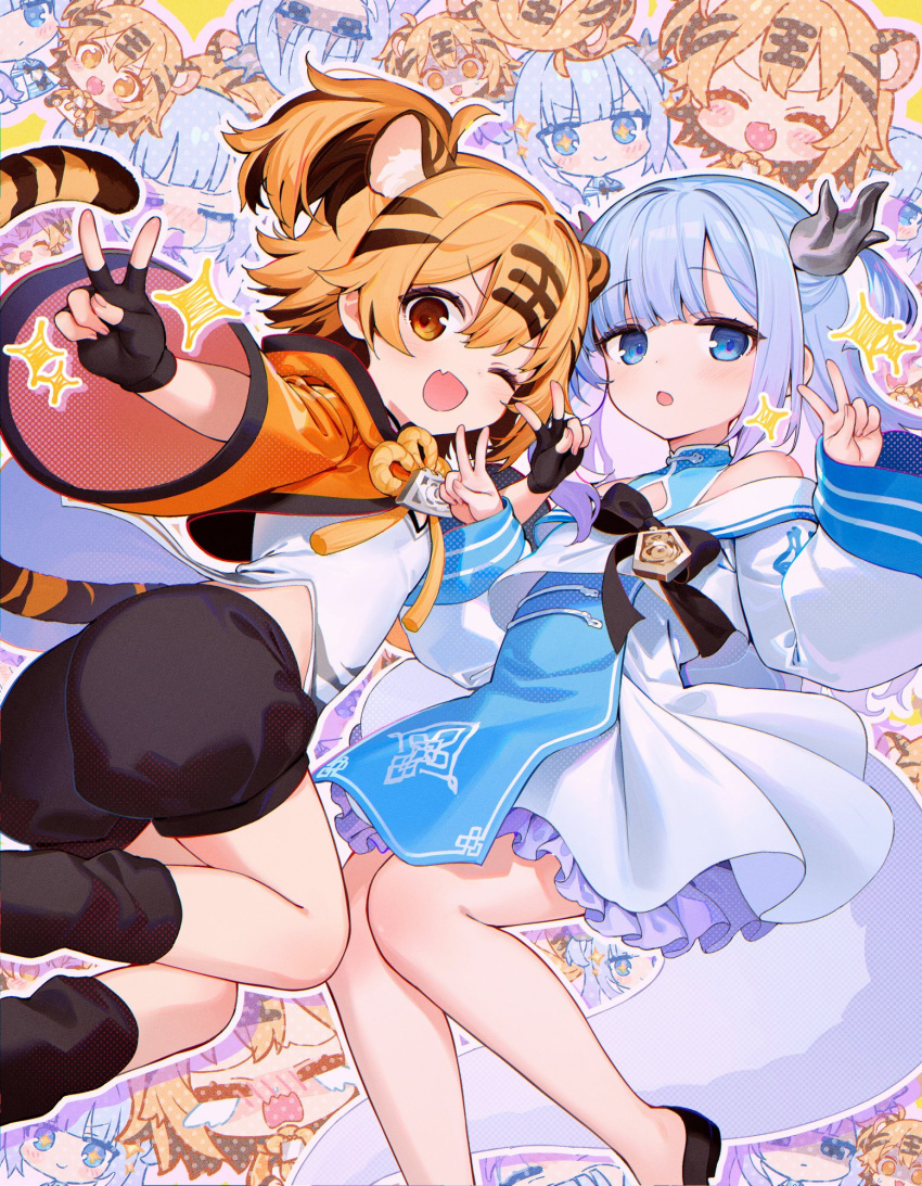 2girls animal_ears azur_lane black_gloves blue_eyes bow bowtie commentary_request double_v dragon_girl dragon_horns dragon_tail fang fingerless_gloves gloves highres horns hu_pen_(azur_lane) japanese_clothes long_sleeves lung_wu_(azur_lane) multiple_girls orange_eyes orange_hair shnva short_hair skin_fang tail tiger_ears tiger_girl tiger_tail v wide_sleeves