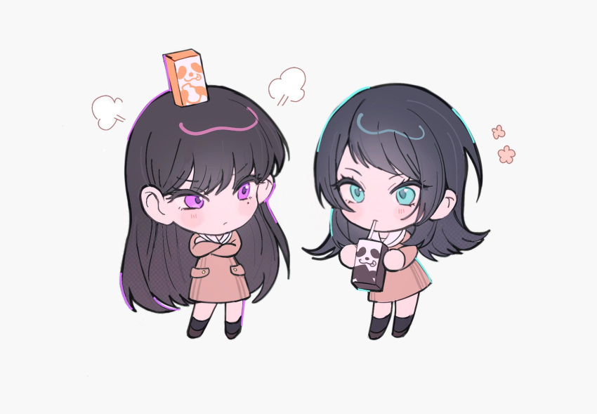 2girls bang_dream! bang_dream!_it's_mygo!!!!! black_hair brown_dress carton chibi closed_mouth crossed_arms dress drinking_straw drinking_straw_in_mouth full_body green_eyes hanasakigawa_school_uniform highres long_hair long_sleeves looking_at_another m_omoo mole mole_under_eye multiple_girls on_head puff_of_air purple_eyes sailor_collar sailor_dress school_uniform shiina_taki simple_background white_background white_sailor_collar yahata_umiri