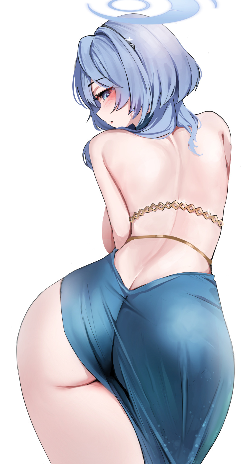 1girl absurdres ako_(dress)_(blue_archive) ass ass_focus back backboob backless_dress backless_outfit bare_shoulders bent_over blue_archive blue_dress blue_eyes blue_hair breasts butt_crack dress earrings fluffyebi01 from_behind halo highres jewelry large_breasts looking_at_viewer looking_back simple_background solo thighs white_background