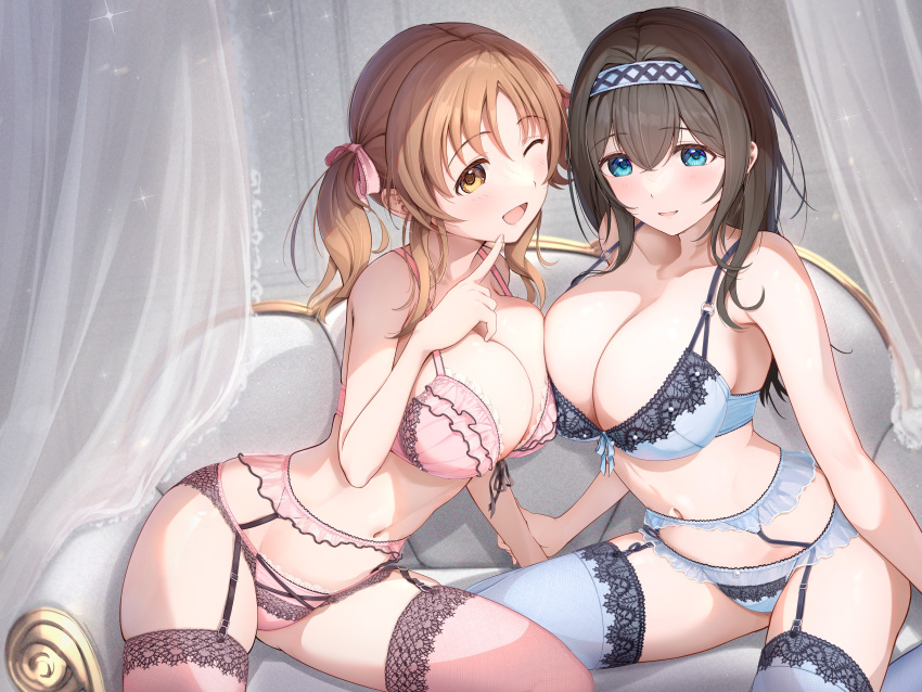 2girls ;d absurdres asymmetrical_docking black_garter_straps black_hair blue_bra blue_garter_belt blue_panties blue_thighhighs blush bra breast_press breasts brown_hair cleavage collarbone commentary_request curtains fujinomiya_rio garter_straps hair_ribbon highres huge_breasts idolmaster idolmaster_cinderella_girls indoors large_breasts lingerie looking_at_viewer multiple_girls navel one_eye_closed panties pink_bra pink_garter_belt pink_panties pink_thighhighs ribbon sagisawa_fumika sitting skindentation smile stomach thighhighs totoki_airi twintails underwear