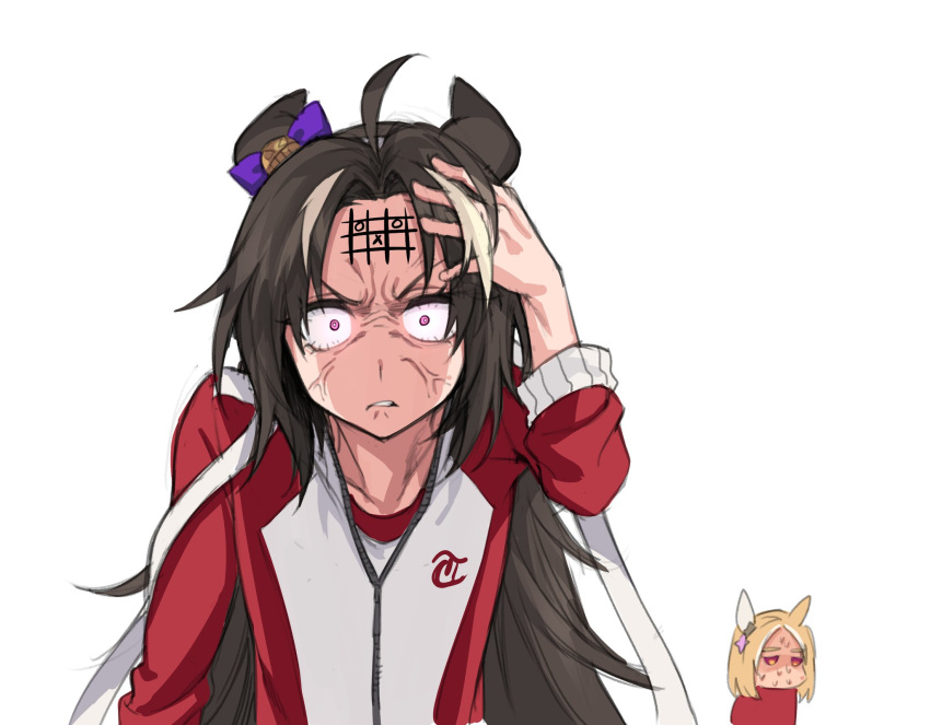 2girls ahoge angry biting_own_lip blonde_hair bow bright_pupils brown_eyes brown_hair closed_jacket commentary dilated_pupils ear_bow ear_covers ear_ornament forehead_writing fukuro_(maruaru00) furious genderswap genderswap_(mtf) hand_on_own_head highres jacket light_brown_hair long_hair multiple_girls narita_top_road_(umamusume) nervous_sweating original personification prank purple_bow red_jacket ribbon sanpaku school_emblem simple_background single_ear_cover stay_gold_(racehorse) sweat tic-tac-toe track_jacket umamusume veins white_background white_ribbon