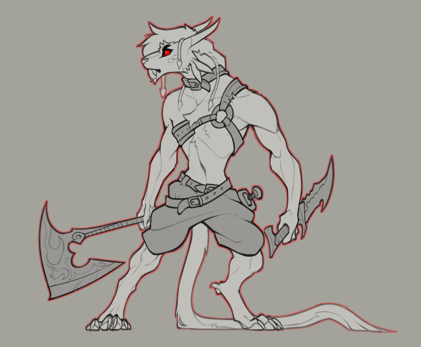 2024 4_ears 4_horns anthro axe charr claws collar dagger dem0npaws dual_wielding_melee_weapons felid female guild_wars hi_res holding_object holding_weapon horn looking_aside mammal melee_weapon multi_ear multi_horn solo toe_claws weapon