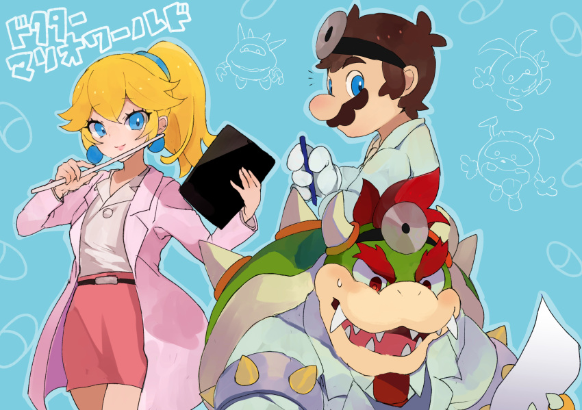 1girl 2boys armlet blonde_hair blue_background blue_eyes bowser brown_hair chill_(dr._mario) contemporary dr._mario dr._mario_(game) earrings facial_hair gloves hairband head_mirror highres holding holding_paper holding_pen horns jacket jewelry long_hair lzesmelt mario_(series) multiple_boys mustache necktie open_mouth paper pen pill pink_jacket pink_skirt pointer ponytail princess_peach red_eyes red_hair red_necktie shirt skirt spiked_armlet sweatdrop virus_(dr._mario) white_gloves white_shirt