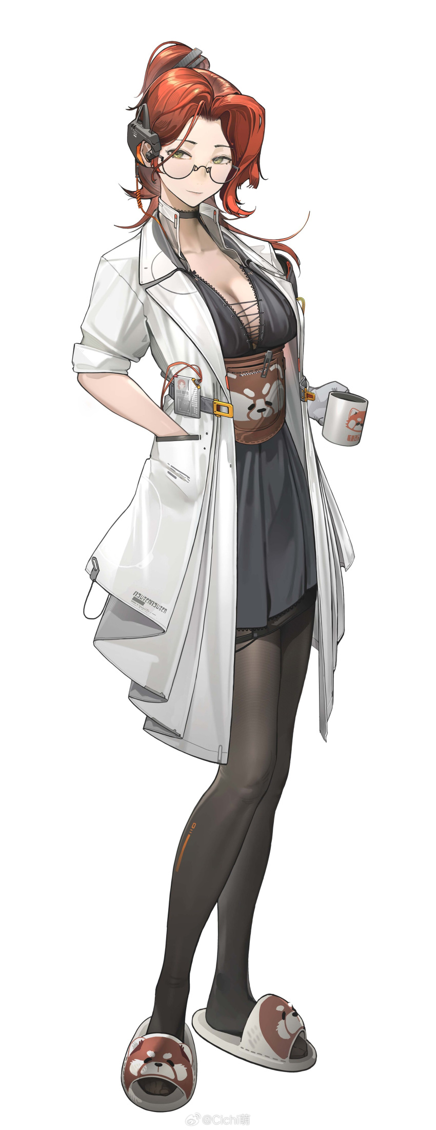 1girl absurdres belt belt_pouch black_choker black_dress black_pantyhose breasts brown_belt cable chinese_commentary choker cichi cleavage closed_mouth collarbone cup dress full_body glasses green_eyes hand_in_pocket headgear highres holding holding_cup id_card lab_coat looking_at_viewer medium_breasts mug orange_hair original pantyhose ponytail pouch red_panda short_hair simple_background slippers solo standing tachi-e weibo_logo weibo_username white_background
