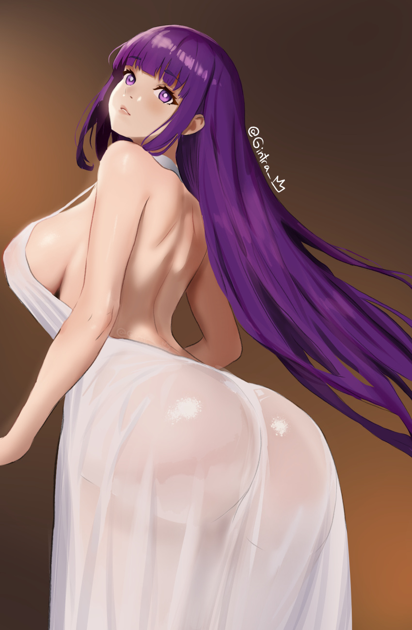 1girl absurdres ai-assisted arched_back artist_name ass ass_focus back backless_dress backless_outfit bare_shoulders blunt_bangs breasts brown_background curvy dress fern_(sousou_no_frieren) gintra gradient_background highres large_breasts long_hair parted_lips purple_eyes purple_hair see-through see-through_dress sideboob solo sousou_no_frieren strap_gap twitter_username very_long_hair white_dress wide_hips