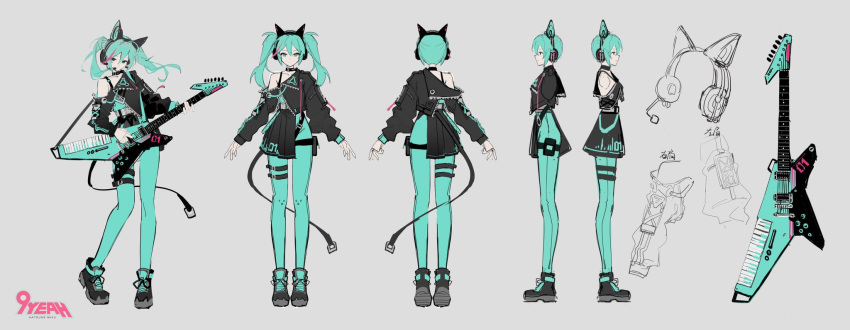 1girl alternate_costume animal_ear_headphones animal_ears aqua_eyes aqua_leggings asymmetrical_jacket asymmetrical_skirt back baggy_clothes belt black_choker black_footwear black_jacket black_skirt cat_ear_headphones choker collarbone colored_skin concept_art contrapposto electric_guitar expressionless fake_animal_ears grey_belt grey_skin guitar half-closed_eyes half-skirt hatsune_miku head_tilt headphones headset highres holding holding_guitar holding_instrument holster instrument jacket jiu_ye_sang keytar leg_holster leggings long_hair looking_at_viewer miniskirt multicolored_hair multiple_views music number_tattoo open_clothes open_jacket pale_skin playing_instrument pleated_skirt profile reference_sheet serious shoes single_bare_shoulder skirt sneakers solo streaked_hair tattoo twintails vocaloid zipper zipper_pull_tab