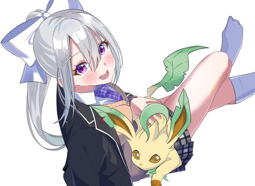 1girl absurdres black_jacket blazer bow brown_cardigan cardigan grey_hair hair_bow hair_ornament hairclip high_ponytail highres higuchi_kaede higuchi_kaede_(1st_costume) jacket leafeon long_hair necktie nijisanji no_shoes open_clothes open_jacket pleated_skirt pokemon pokemon_(creature) purple_eyes purple_necktie ropuggo school_uniform skirt socks solo virtual_youtuber white_bow white_socks